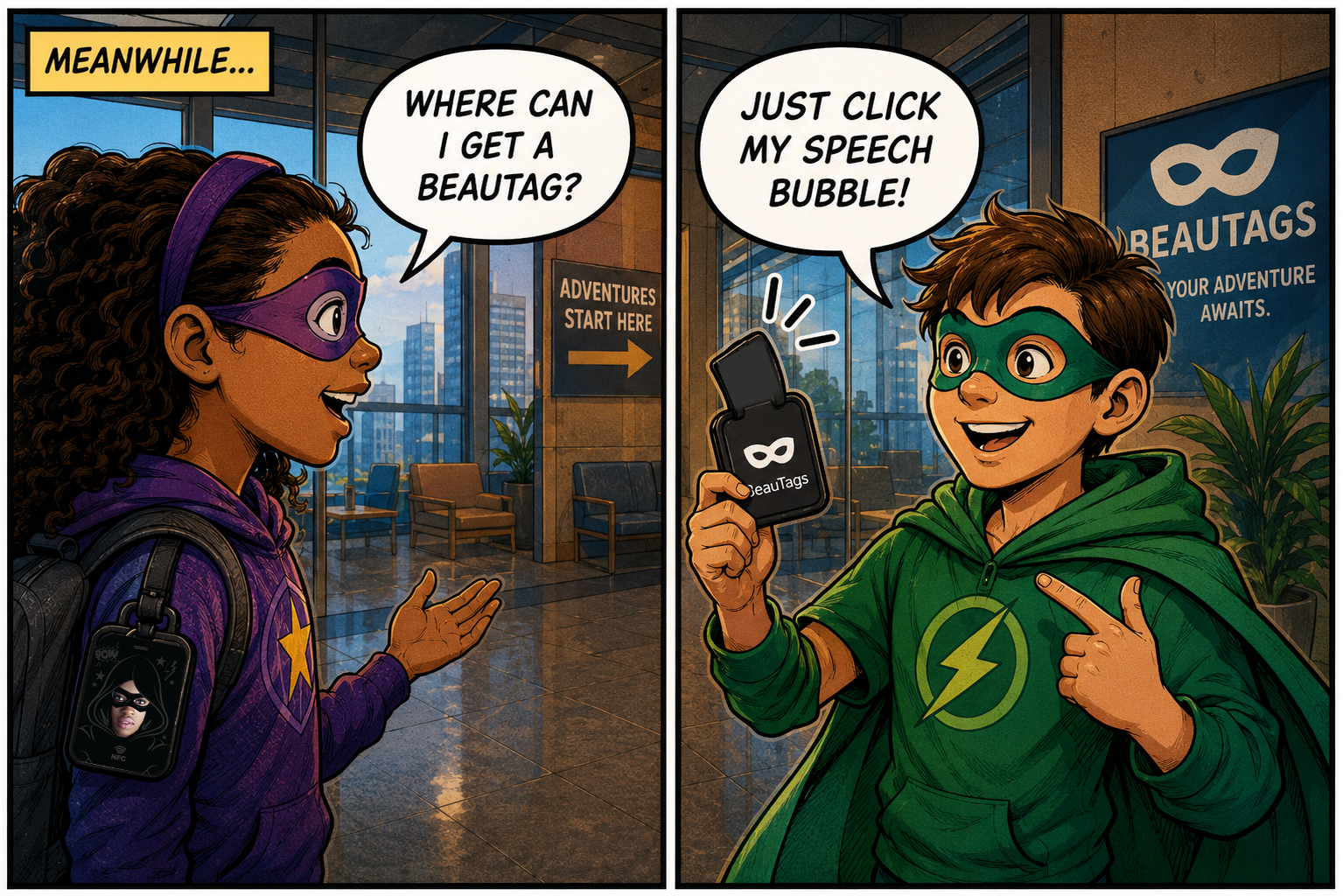 Two heroes talking about where to buy a BeauTag