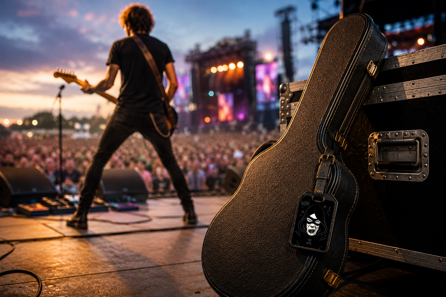 Musician plays to festival crowd with BeauTag on guitar case