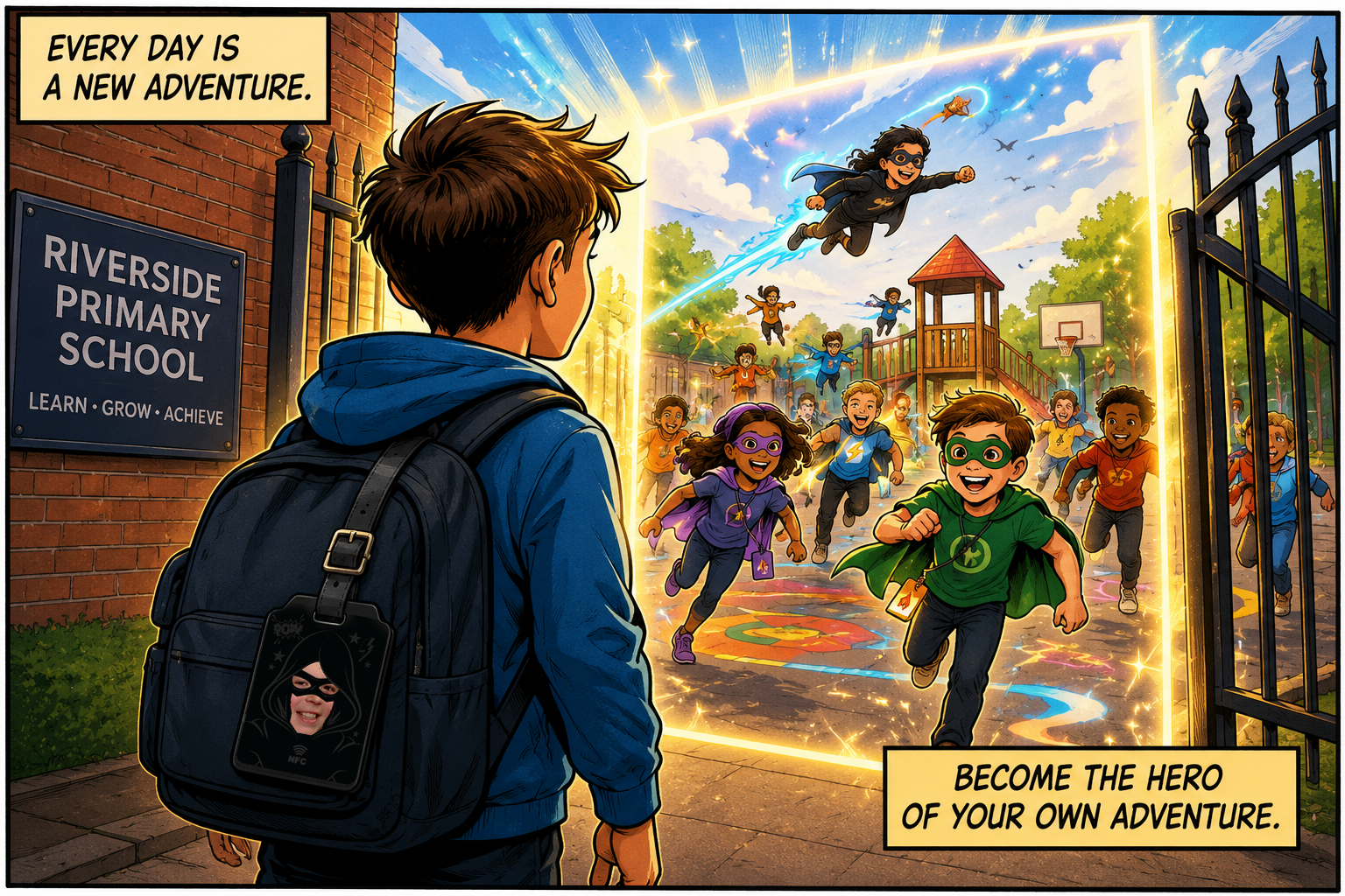 A school child entering a playground filled with superhero adventures