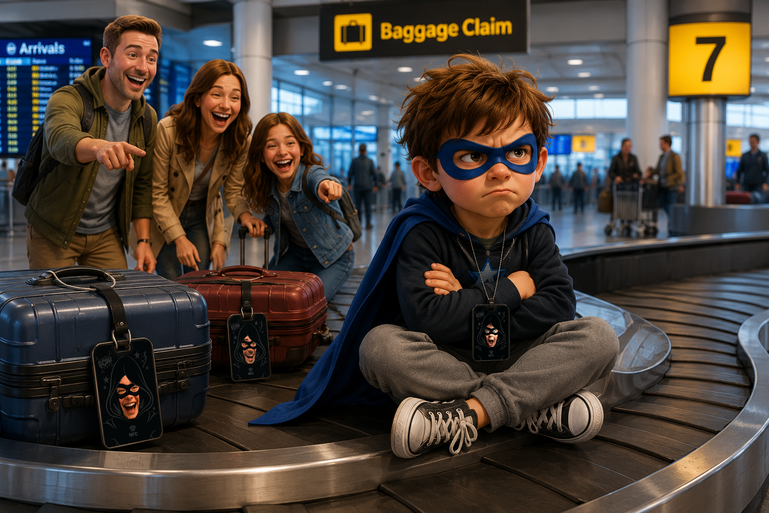 Family travels with a BeauTag on their luggage