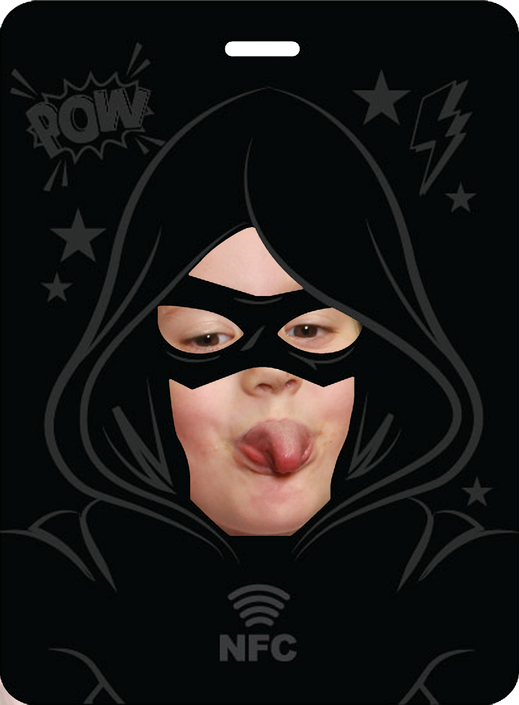 Masked photograph with a playful tongue-out expression